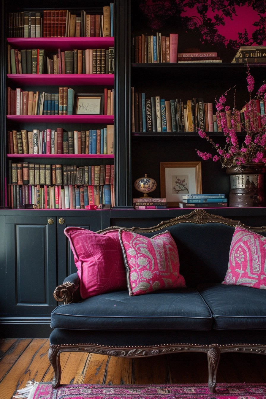 Black Bookshelves With Pink Backdrops