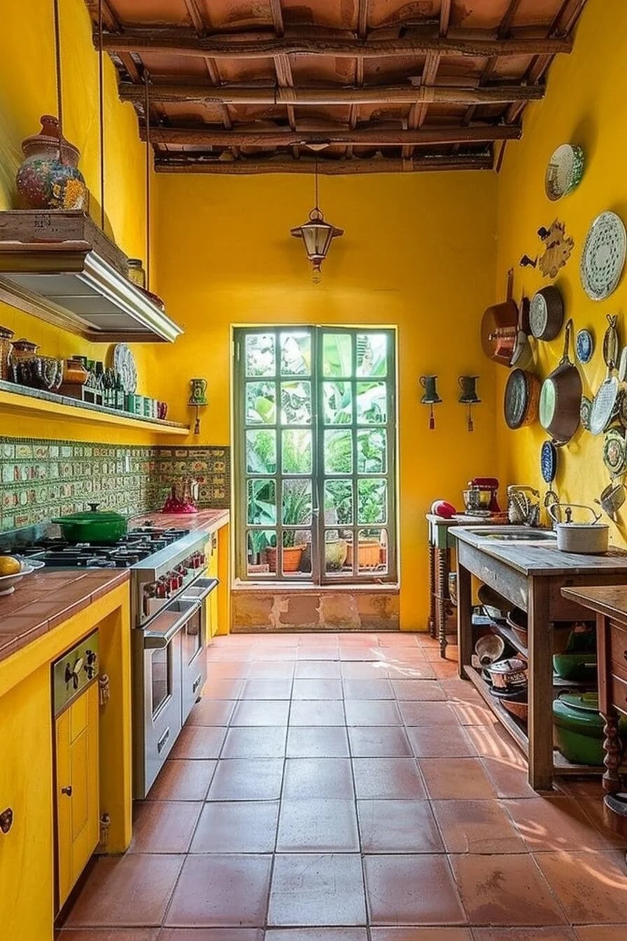 Bright Yellow Kitchen with Terracotta Floor Tiles