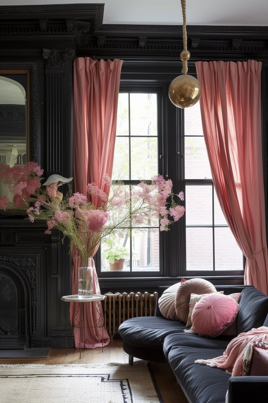 Black Window Frames with Pink Curtains