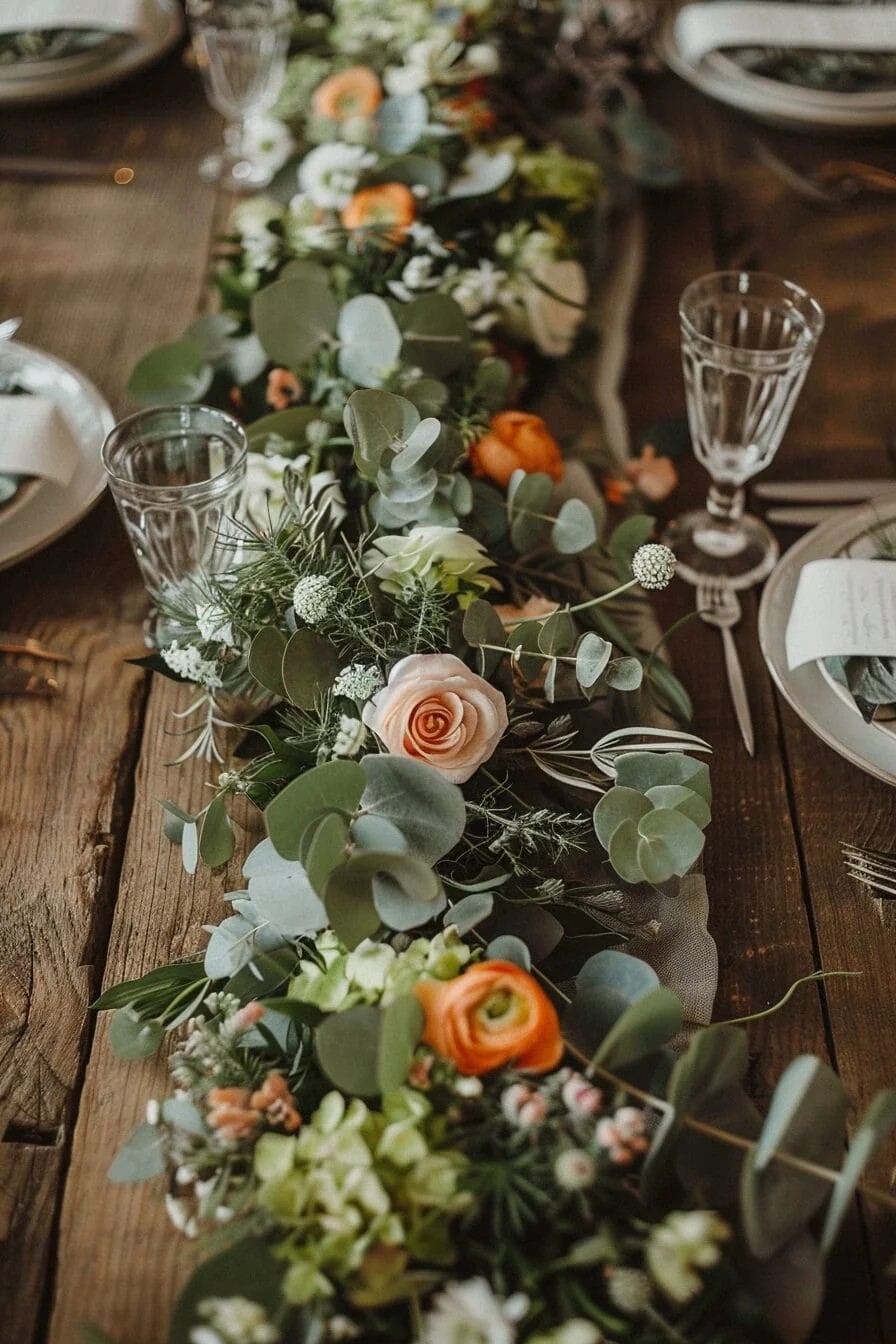 A Spring Wedding with Wildflower and Eucalyptus Table Runners