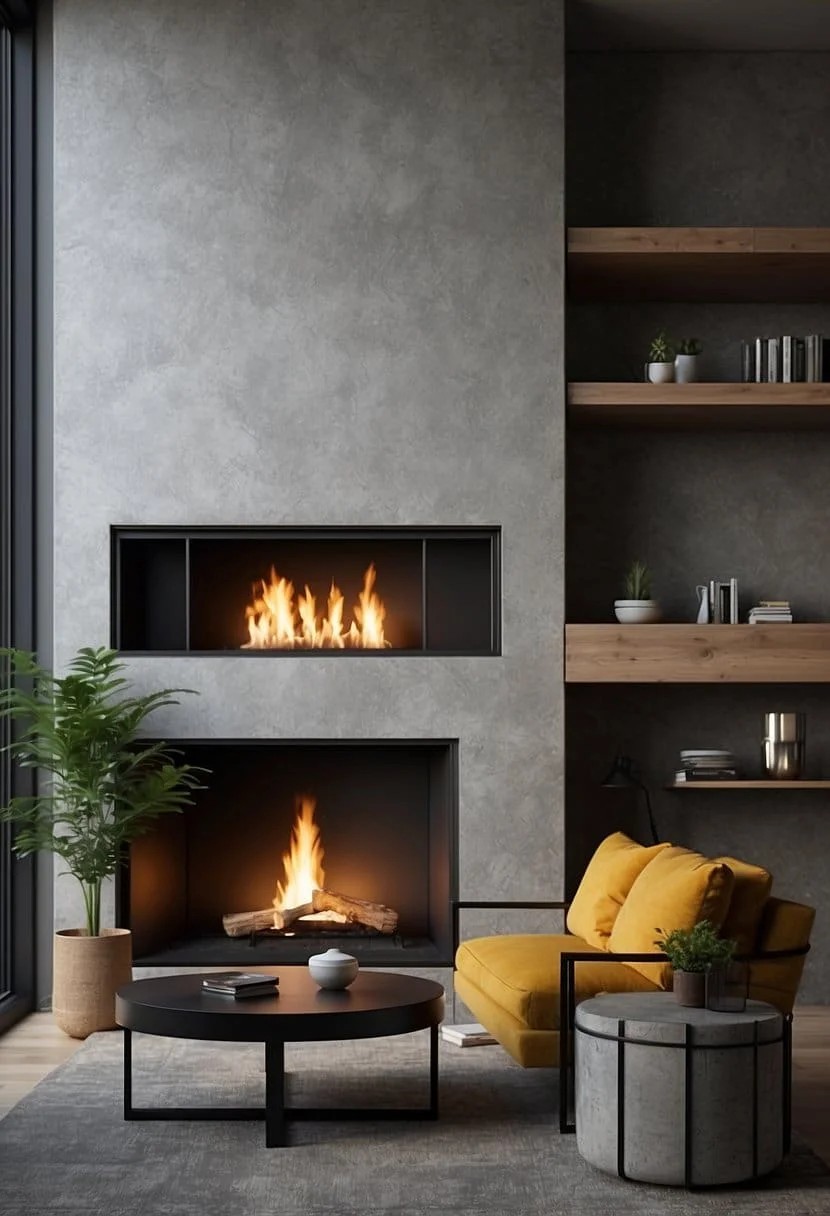 Minimalist Fireplace With Textured Concrete Accent Wall