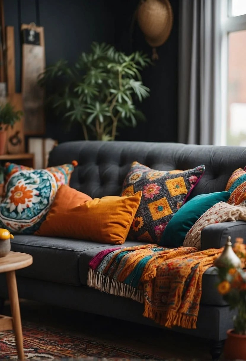 Bohemian Rhapsody: Charcoal Sofa with Colorful Textiles