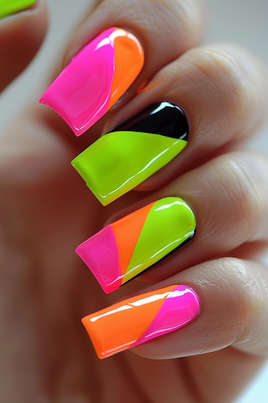 Neon Color Block Nail Art