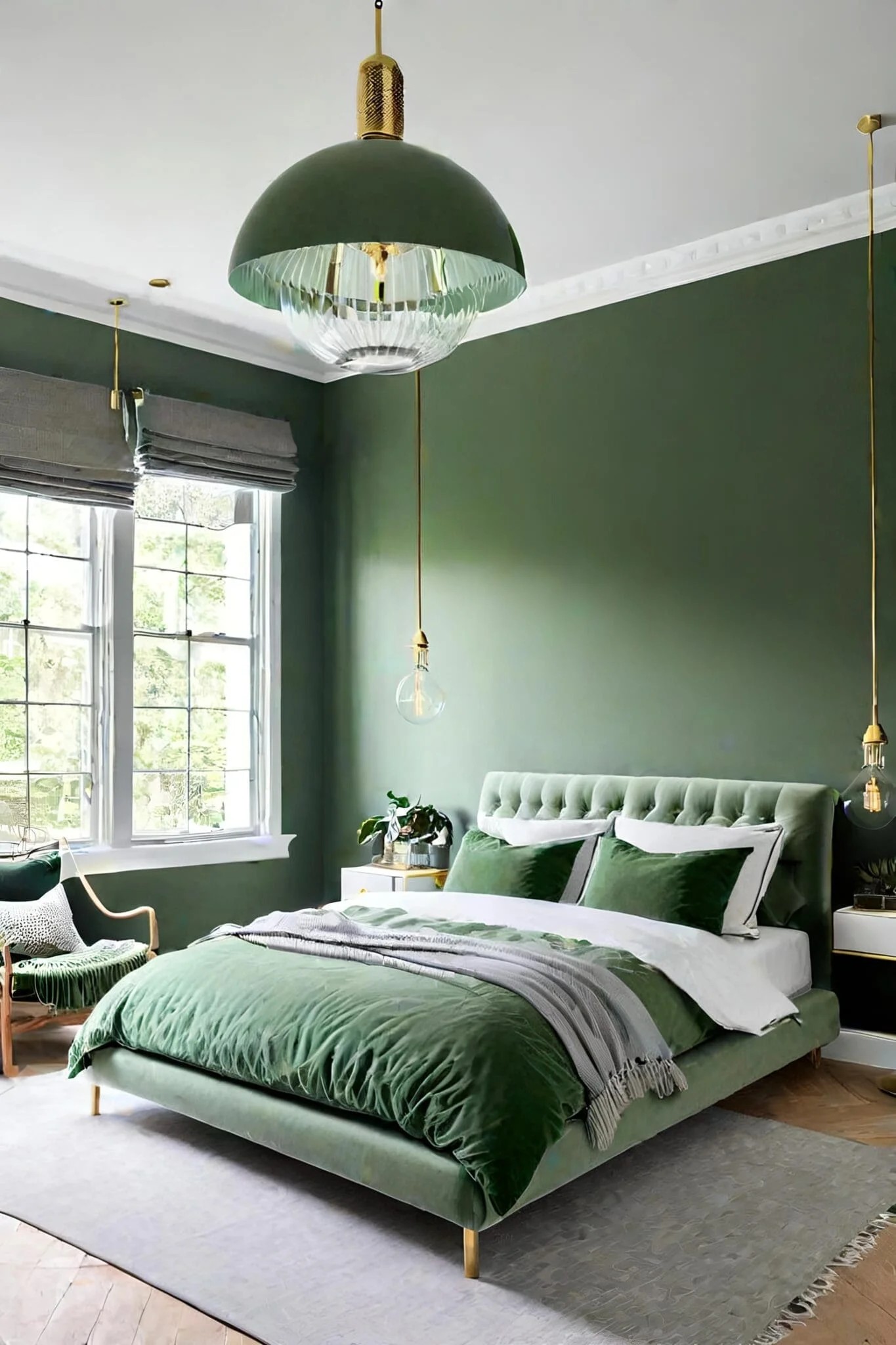 Sage Green Bedroom With Statement Lighting Fixtures