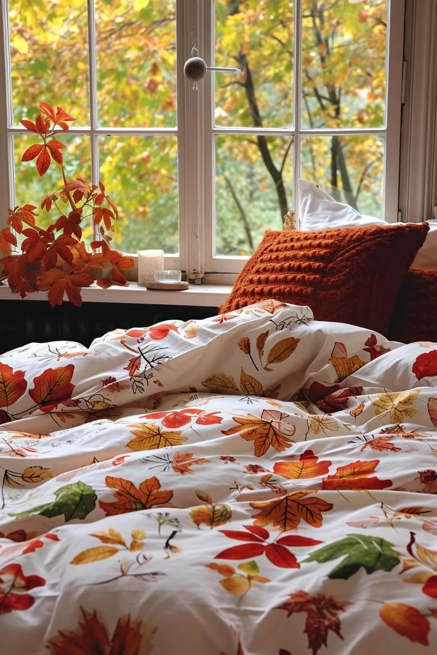 Bedroom With A Fall-Themed Duvet Cover