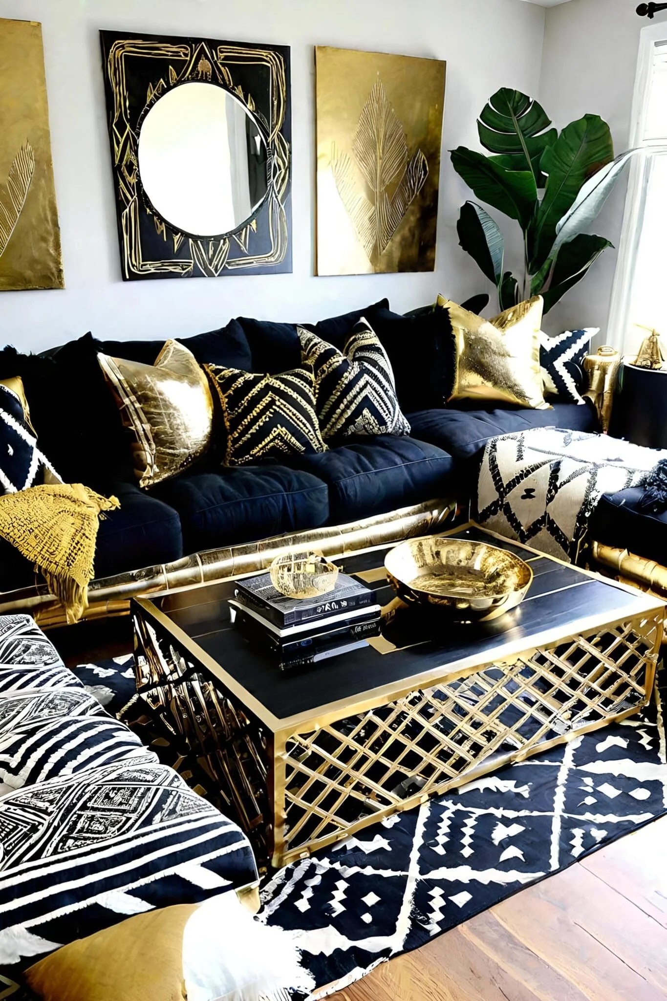 Bohemian Black and Gold Living Room with Tribal Prints and Metallic Accents