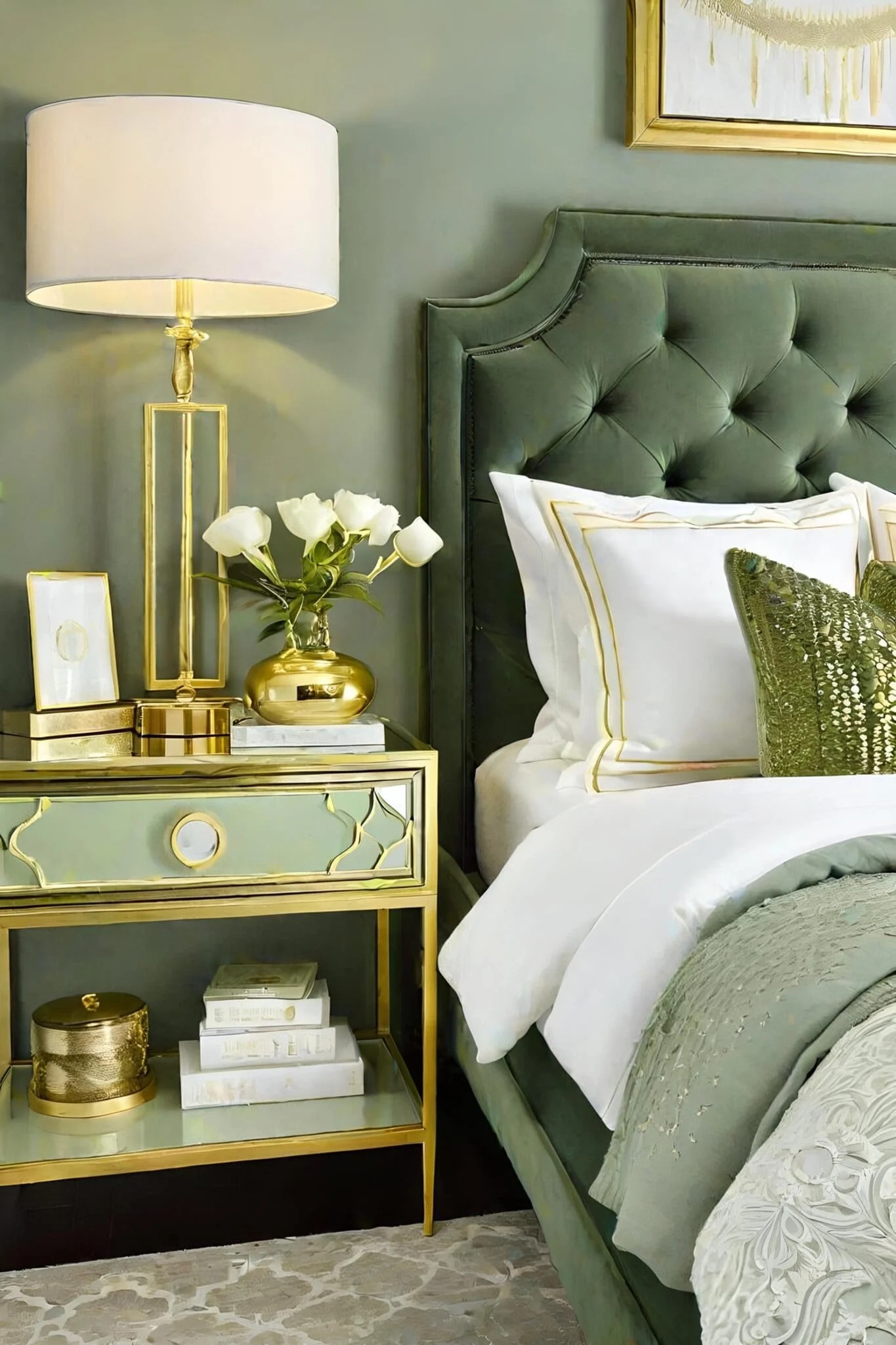 Elegant Sage Green Bedroom With Gold Highlights