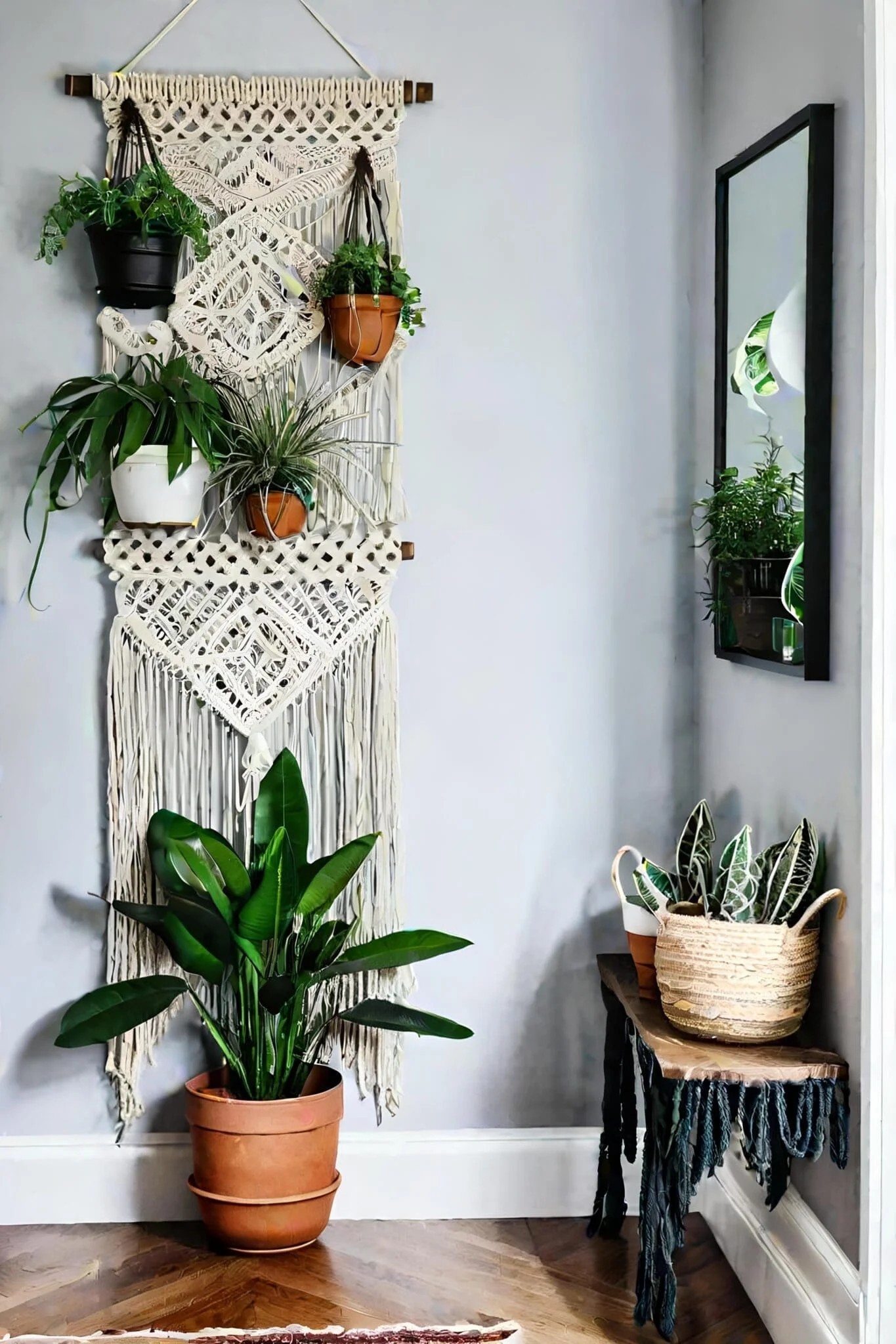 Bohemian Small Hallway With Macramé Wall Hanging And Potted Plants