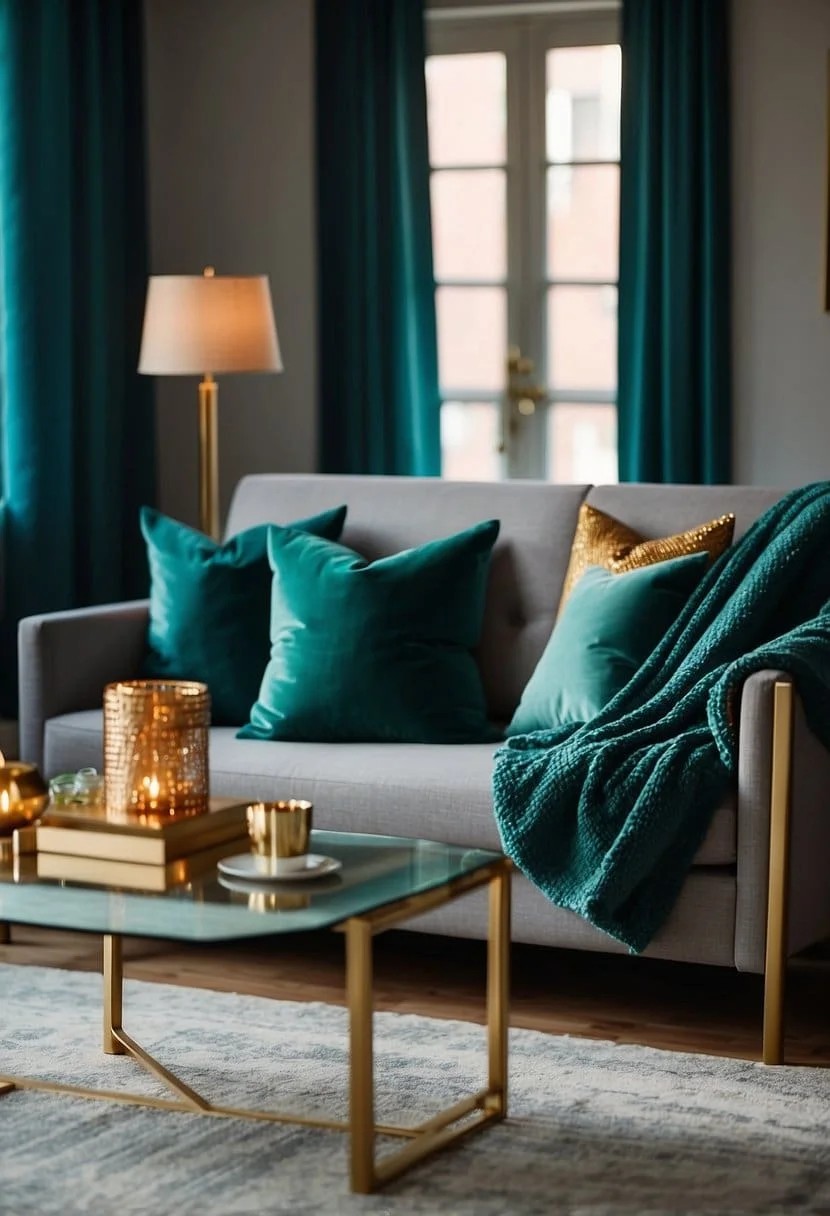 Teal Green Blankets and Gold Floor Lamps