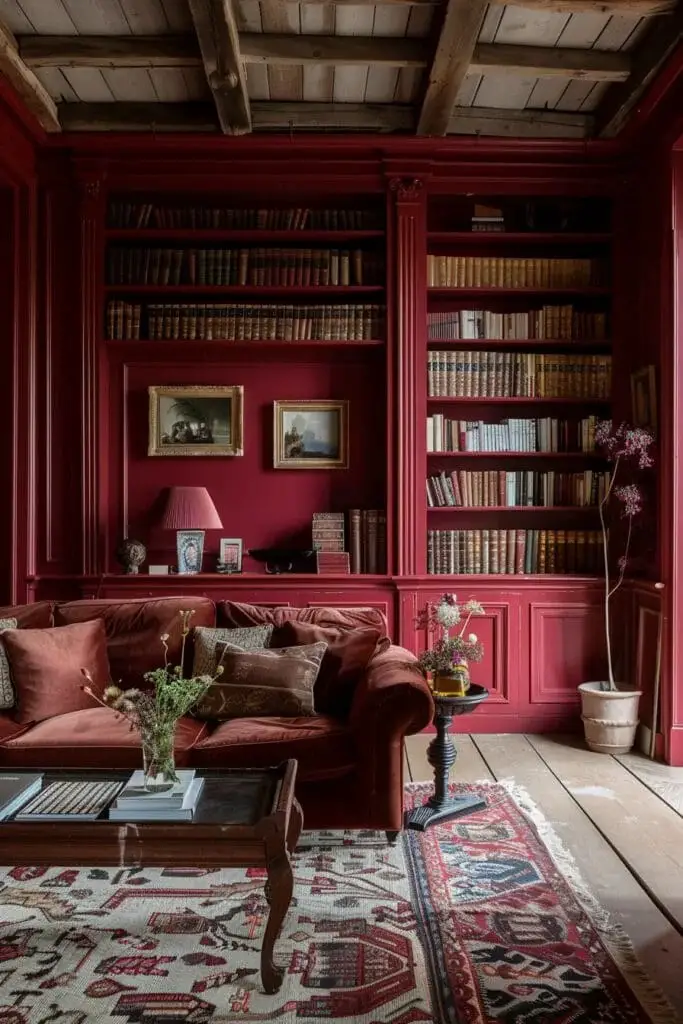 Deep Red Painted Bookshelves