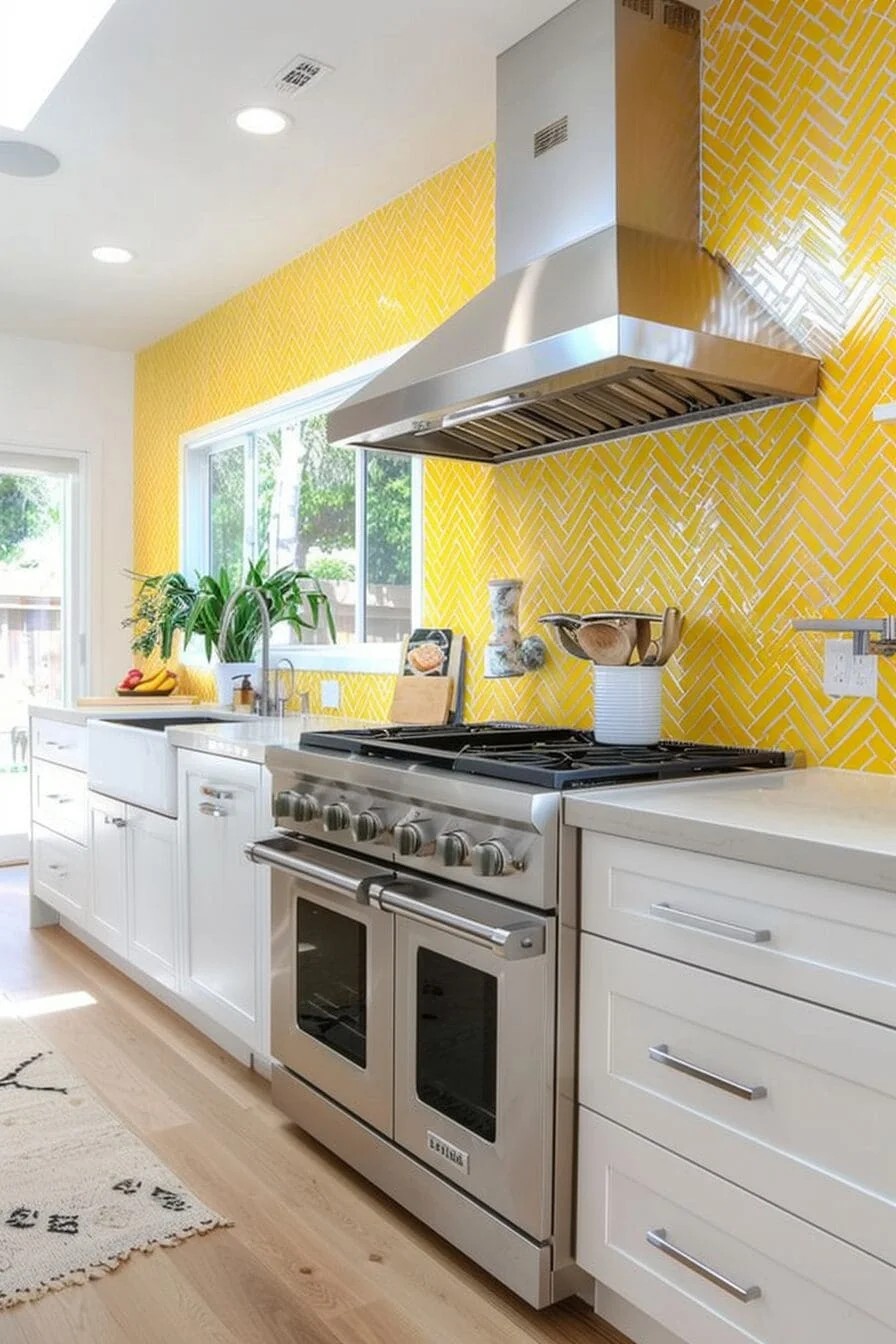 Yellow and White Penny Tile Backsplash