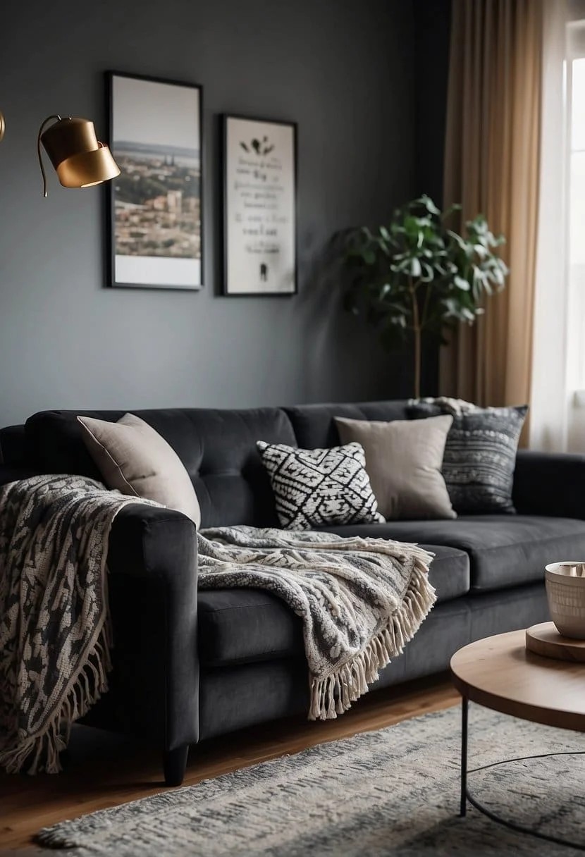 Charcoal Sofa with Chic Patterned Throws