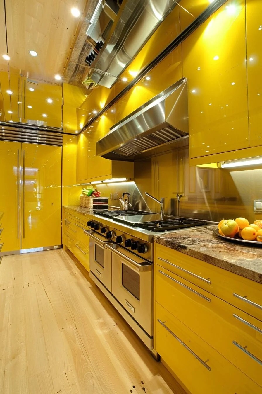 Yellow Kitchen with Stainless Steel Appliances