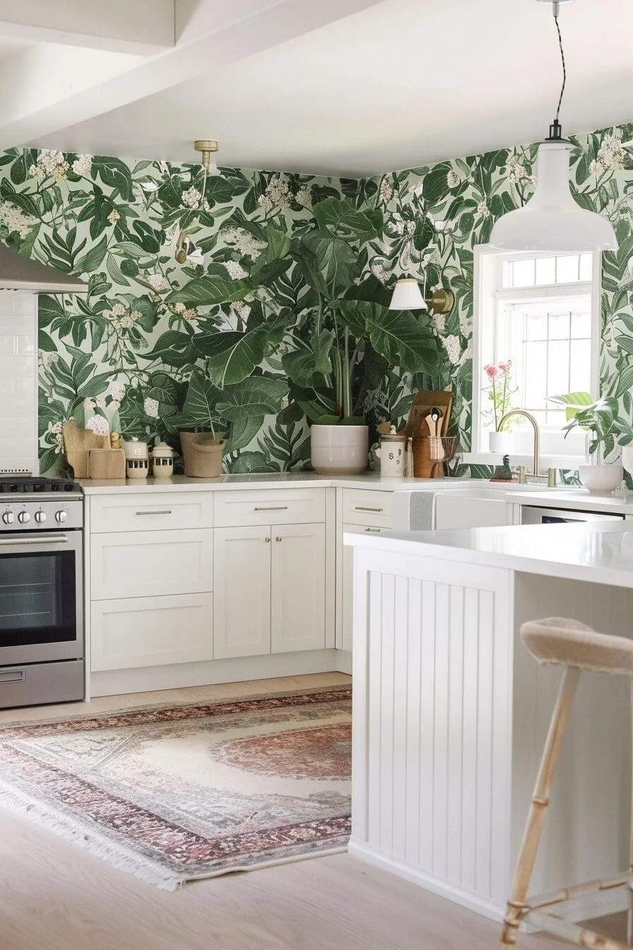 Green Wallpaper with Botanical Prints