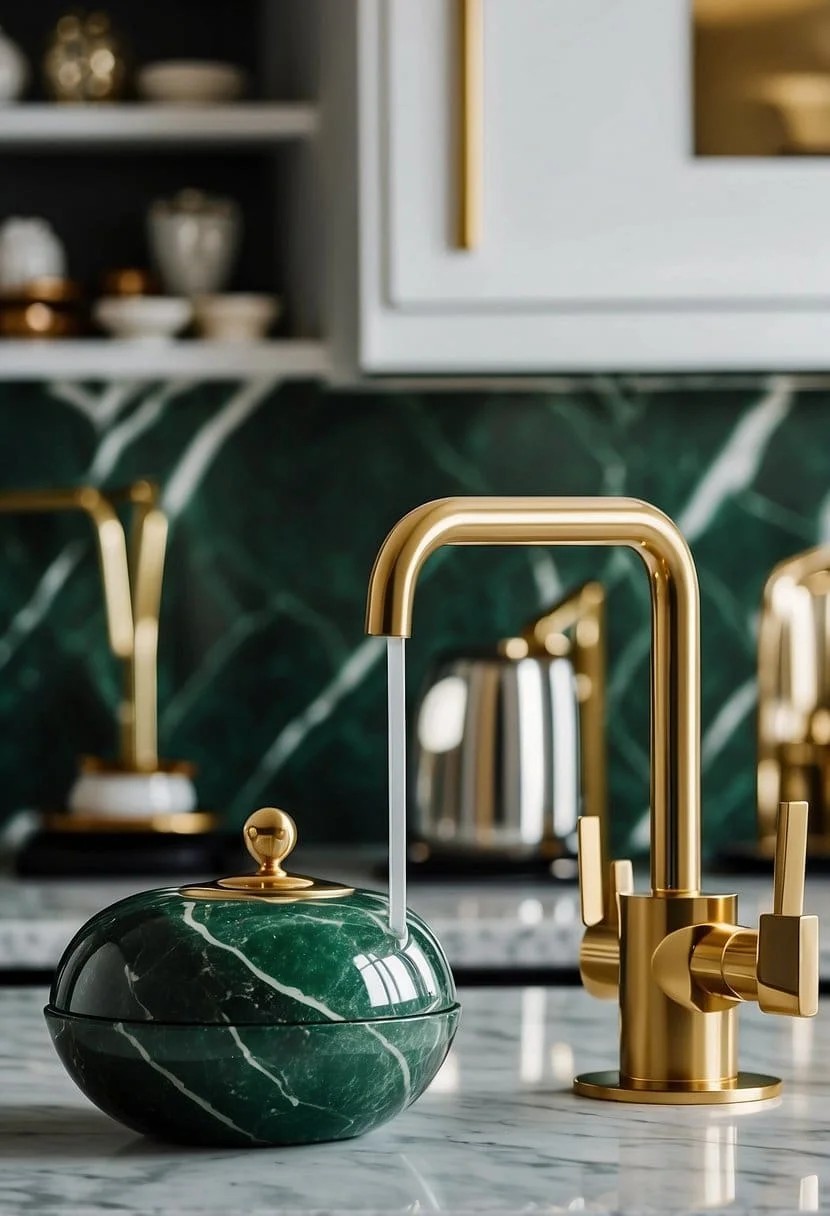 Green Marble Countertops and Gold Fixtures