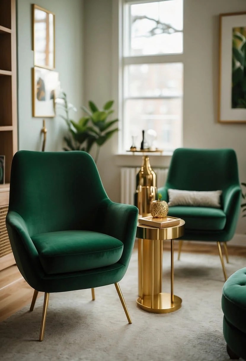 Forest Green Armchairs and Gold Side Tables