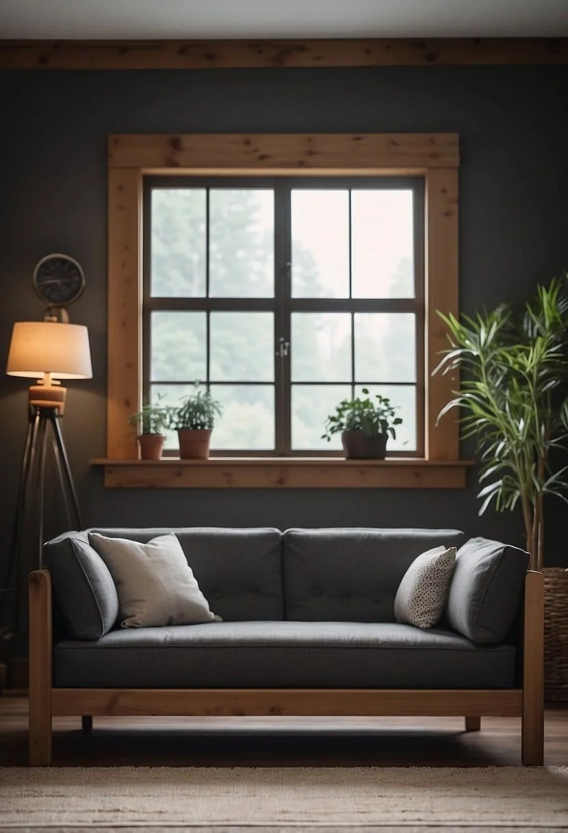 Rustic Charm: Charcoal Sofa with Wooden Elements