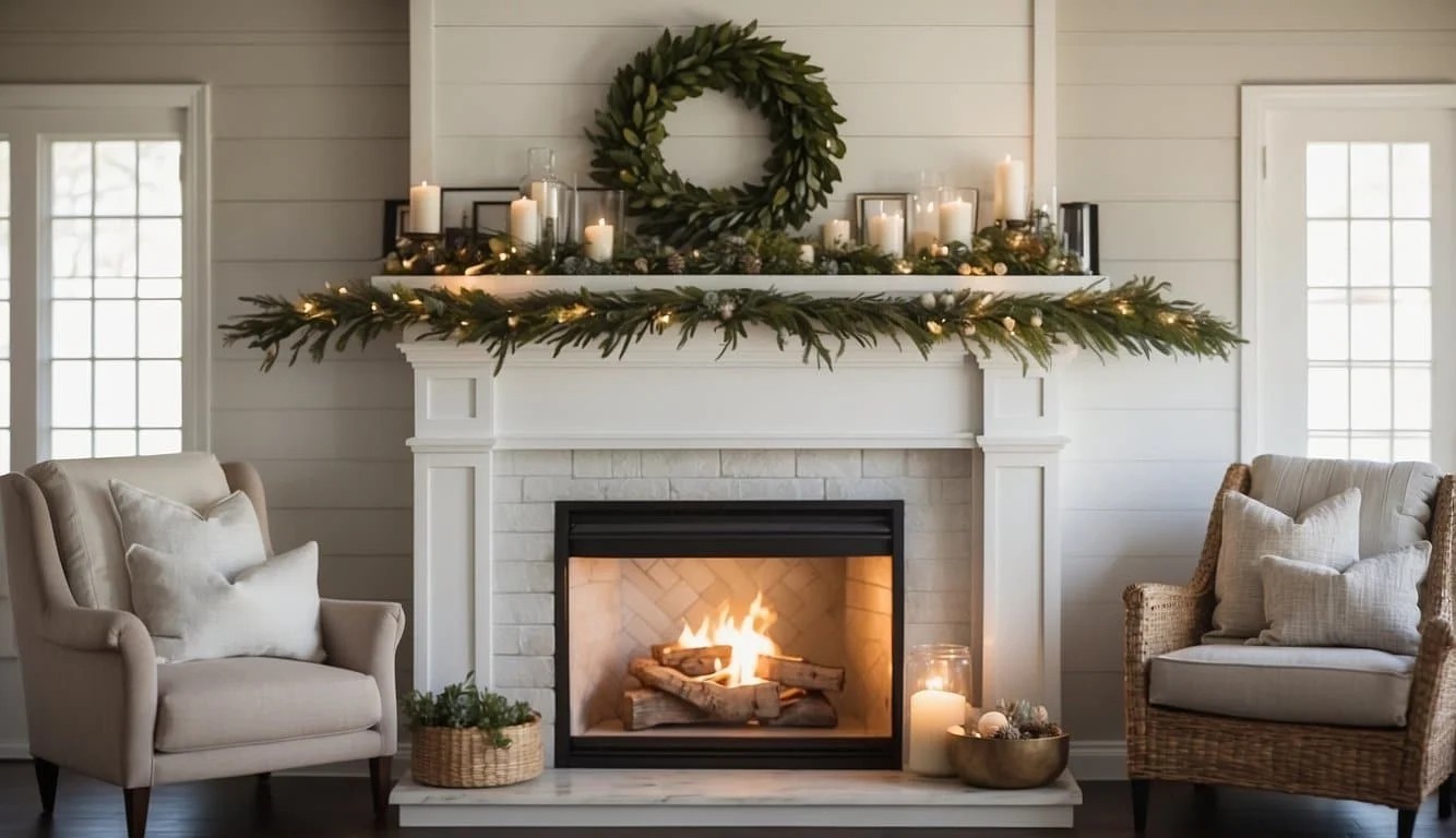 Decorative Mantel With Farmhouse Decor Above The Fireplace