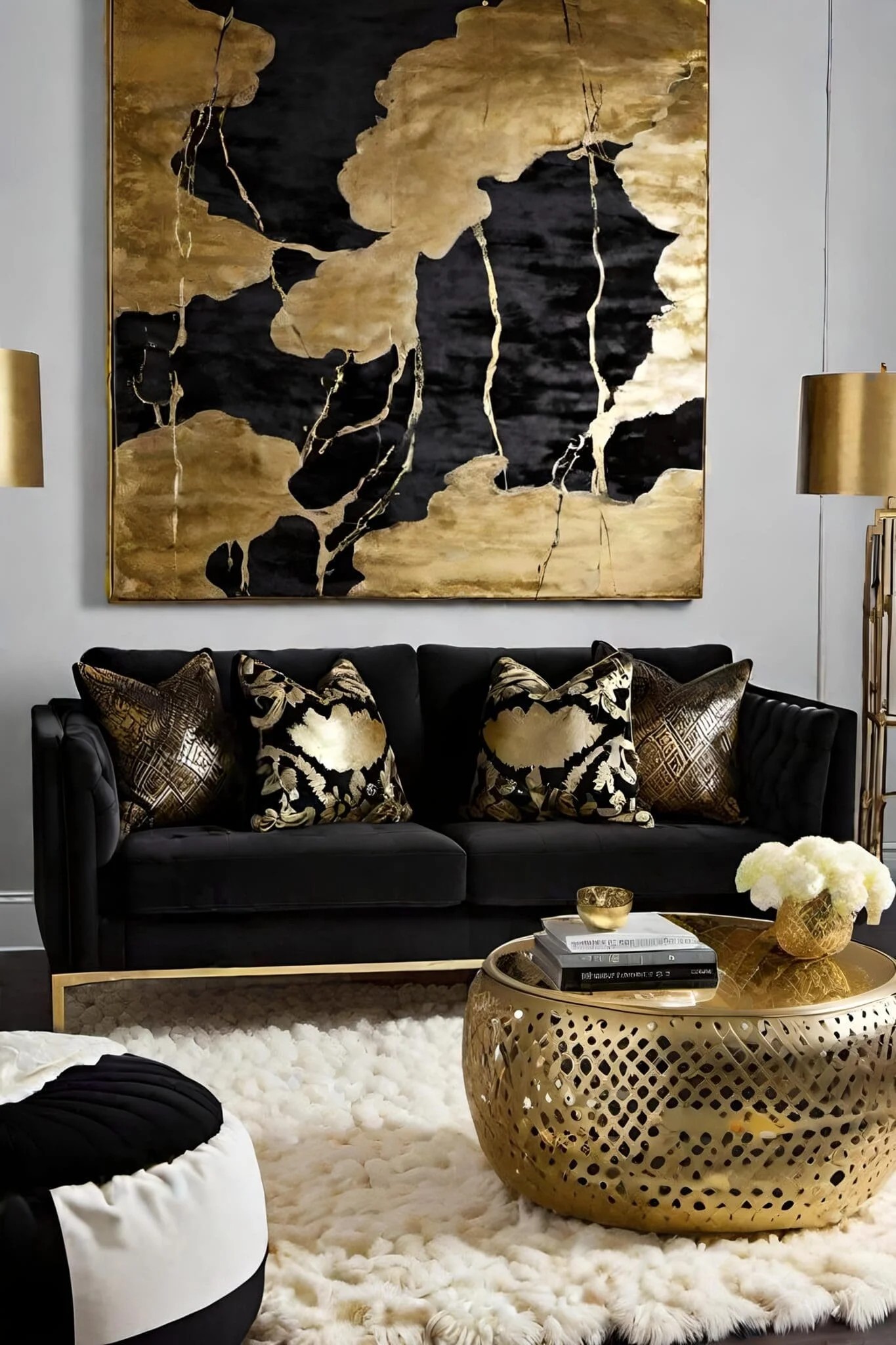 Bold Black and Gold Living Room with Statement Pieces and Contrasting Textures