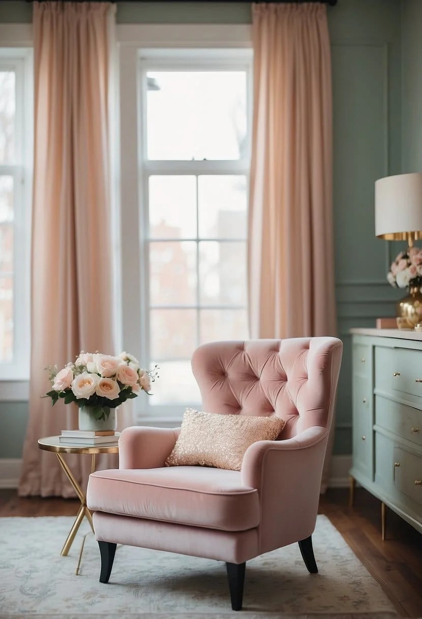 Feminine Home Office With Luxurious Velvet Chair