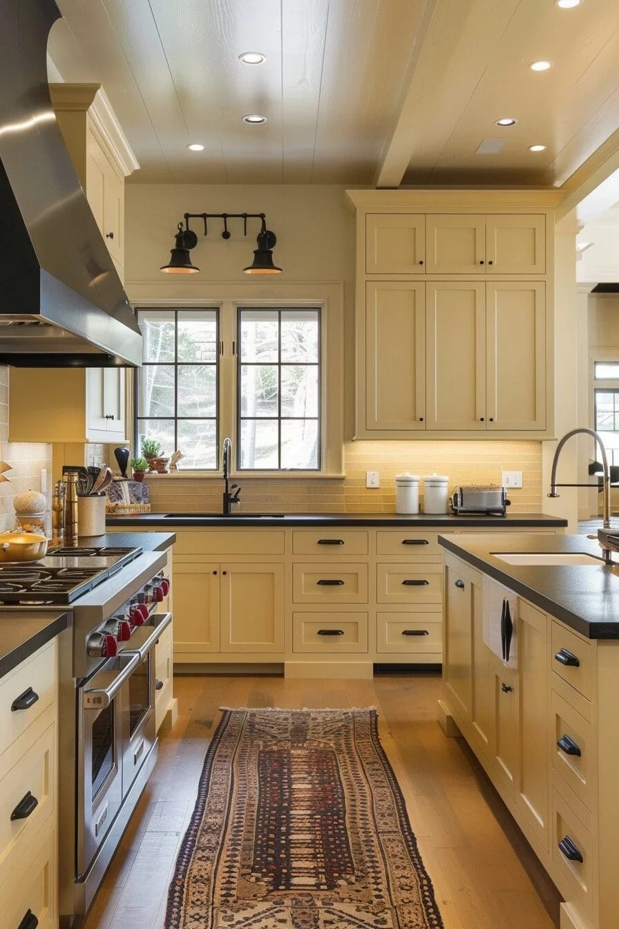 Pale Yellow Cabinets with Black Accents