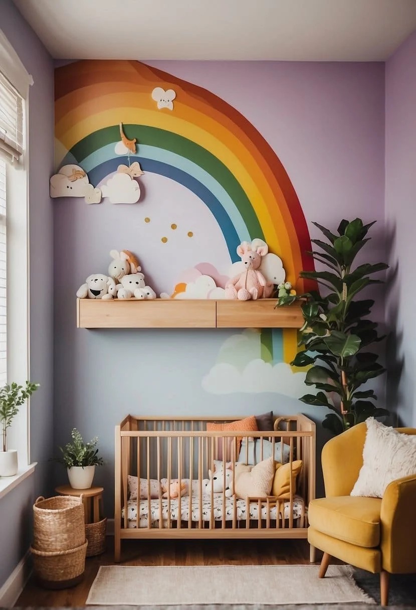 Hand-Painted Rainbows on A Nursery Accent Wall