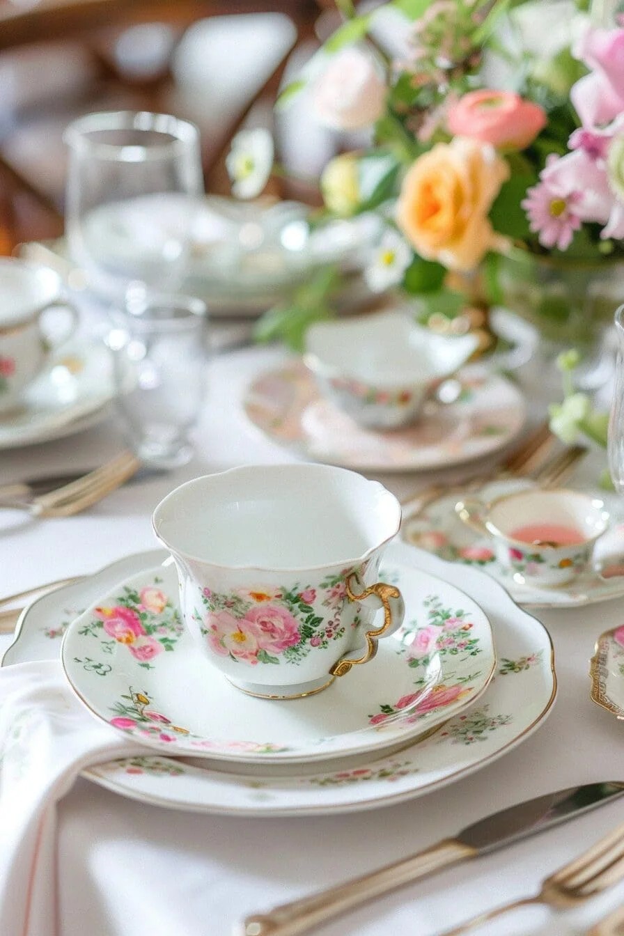 A Spring Wedding with Vintage Floral China Place Settings