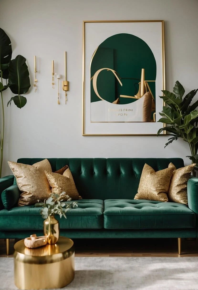 Emerald Green Sofa with Gold Accents