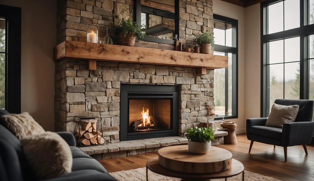 Rustic Wooden Mantel On A Modern Fireplace