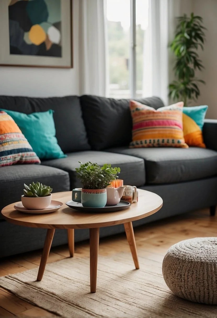 Charcoal Sofa with Multicolored Cushions for a Playful Look