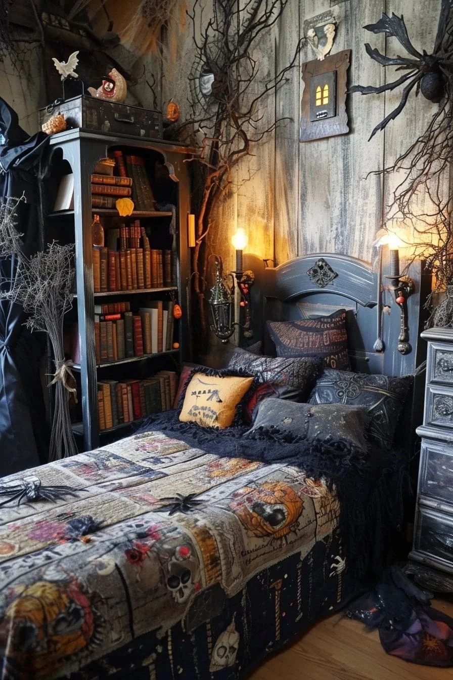 A Halloween Bedroom with Old Witch Books as Decor