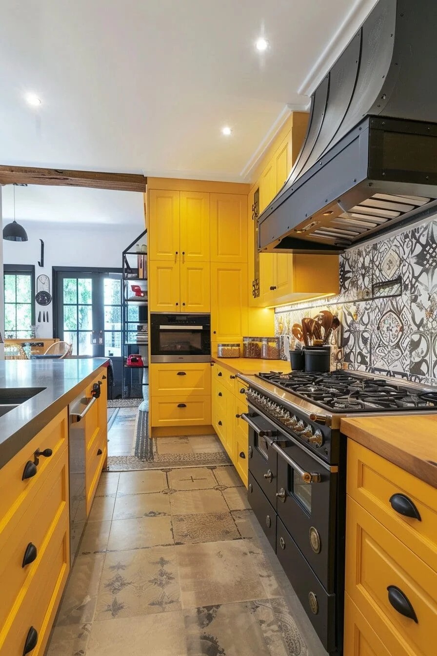 Pale Yellow Cabinets with Black Accents