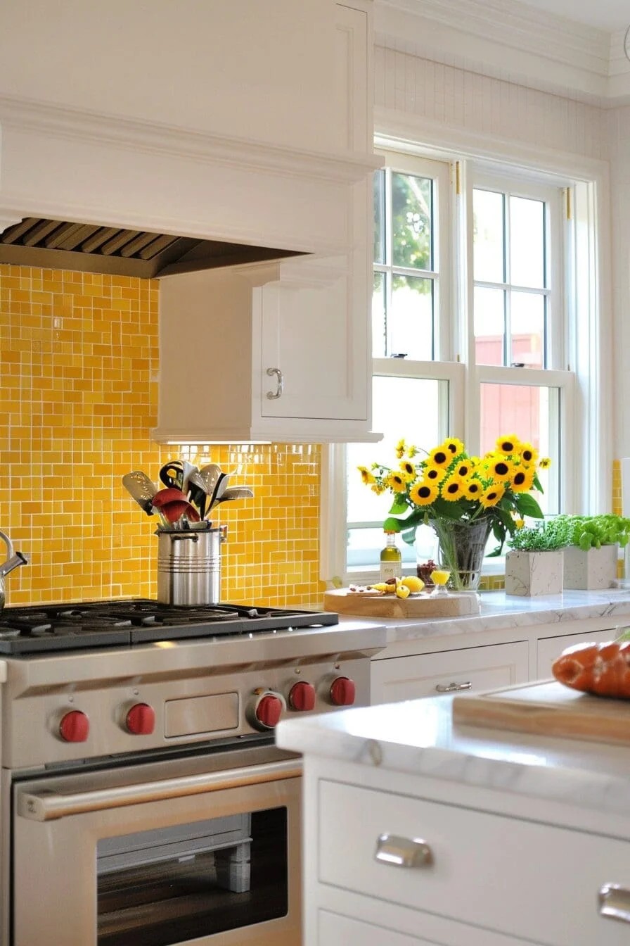 Yellow and White Penny Tile Backsplash