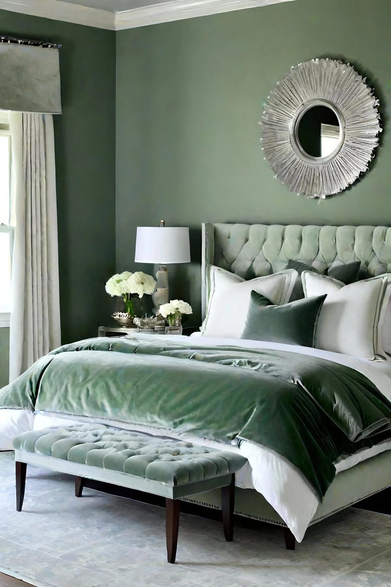 Sage Green Master Bedroom With Luxurious Velvet Accents