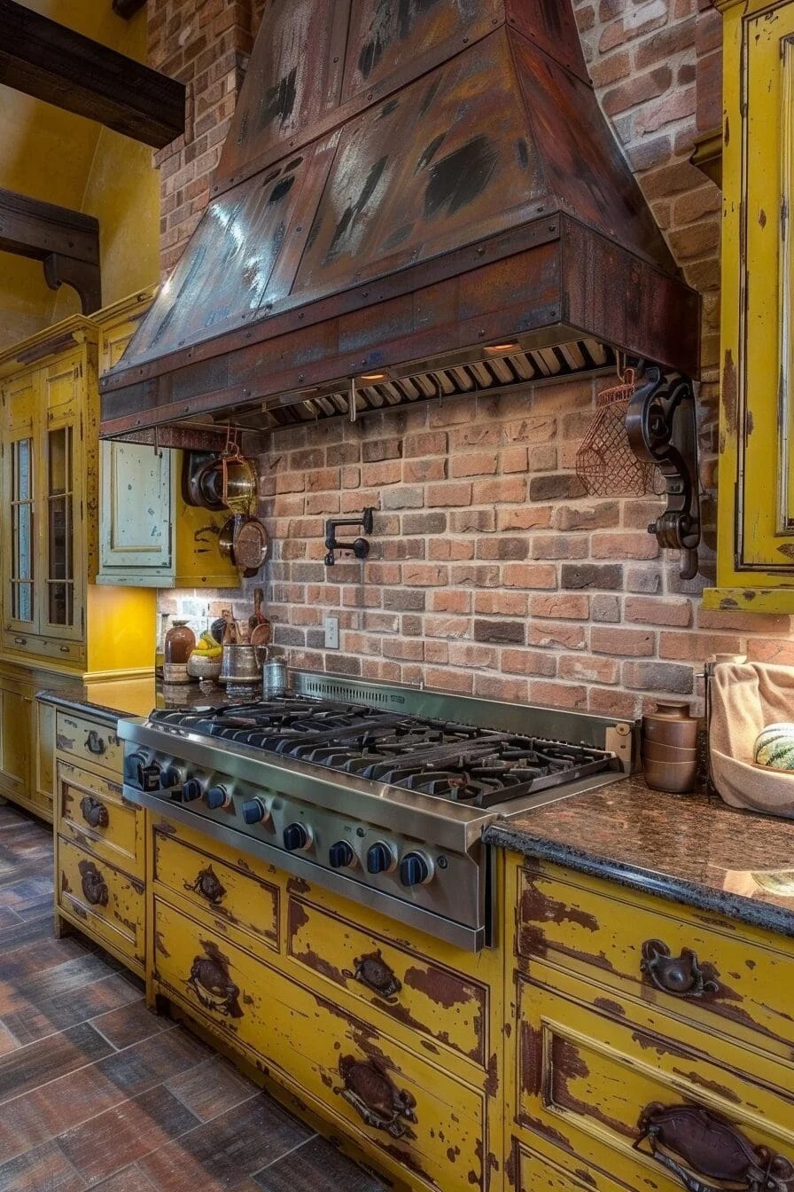 Rustic Yellow with Brick Backsplash