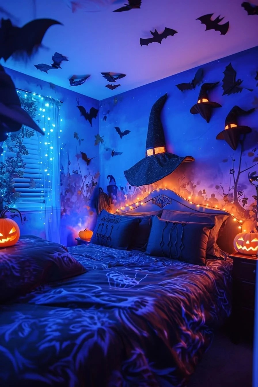 A Halloween Bedroom with Floating Witch Hat Lights