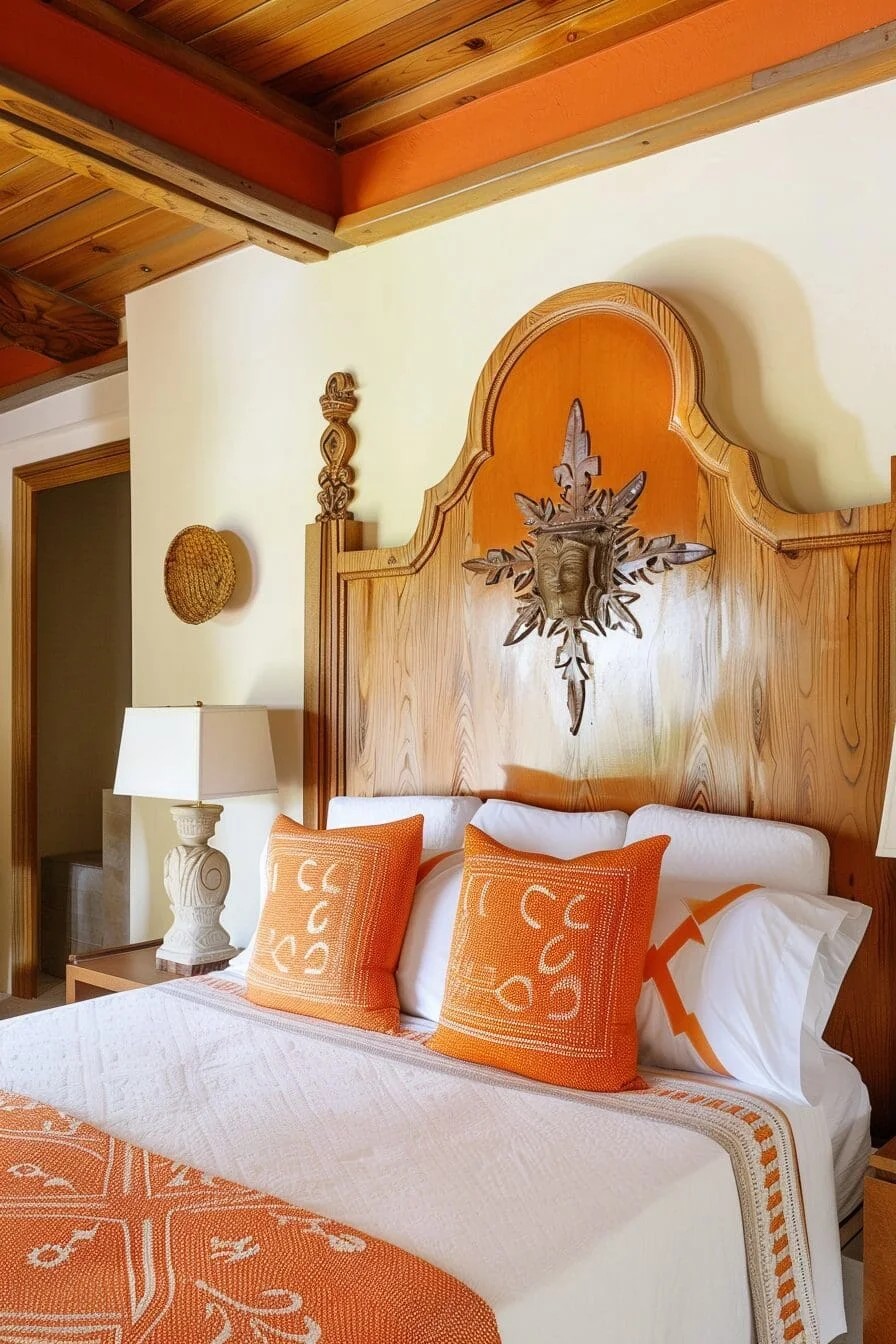 Wood Headboard with Orange Accents