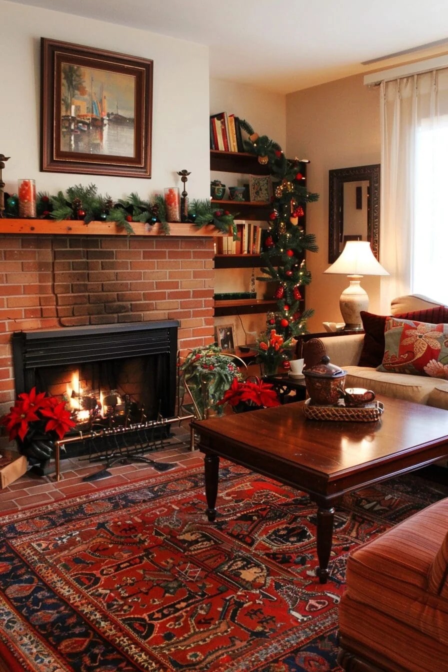 Brick Fireplace with Red Accents