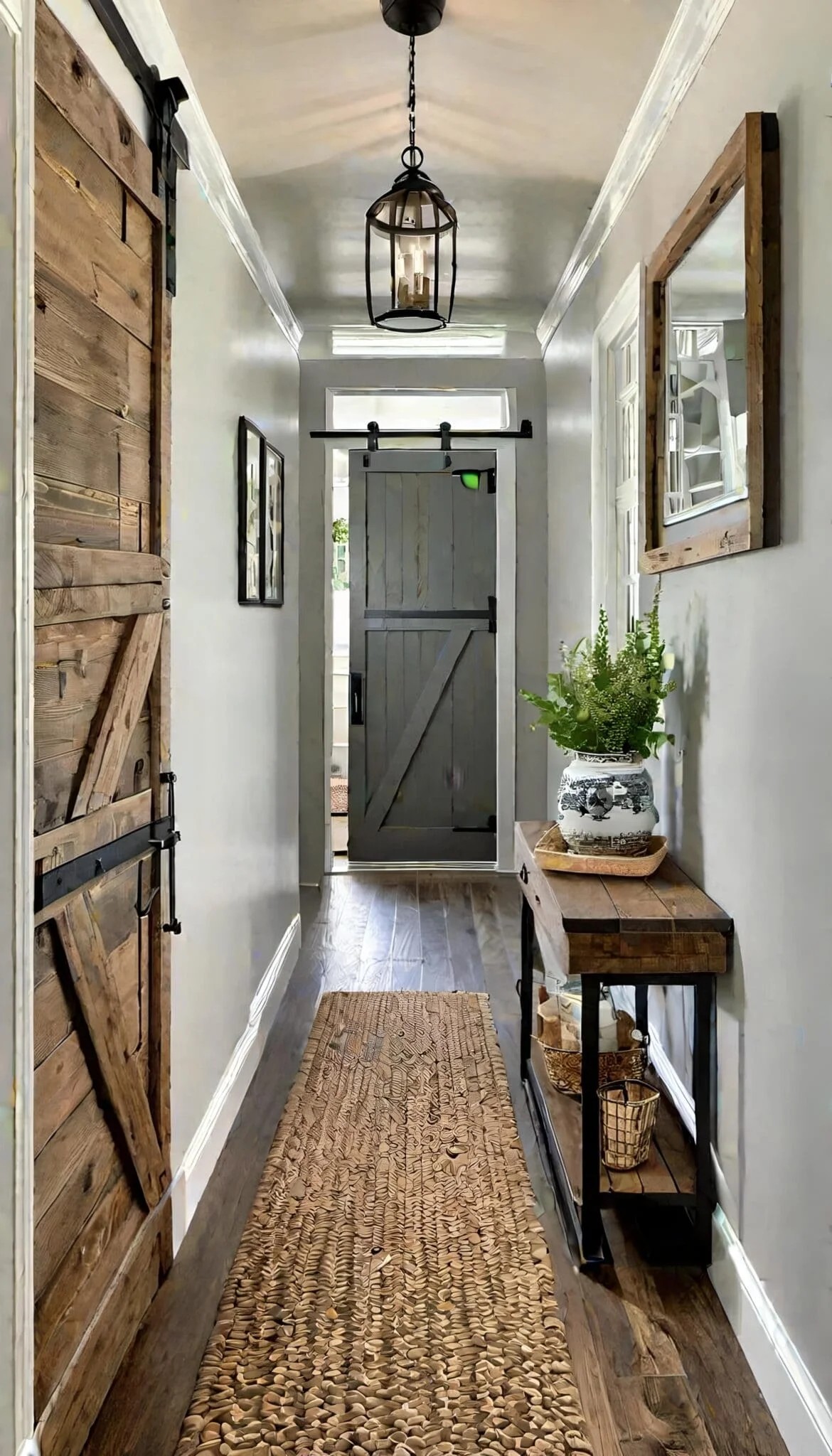 Farmhouse Small Hallway With Barn Door And Wooden Console