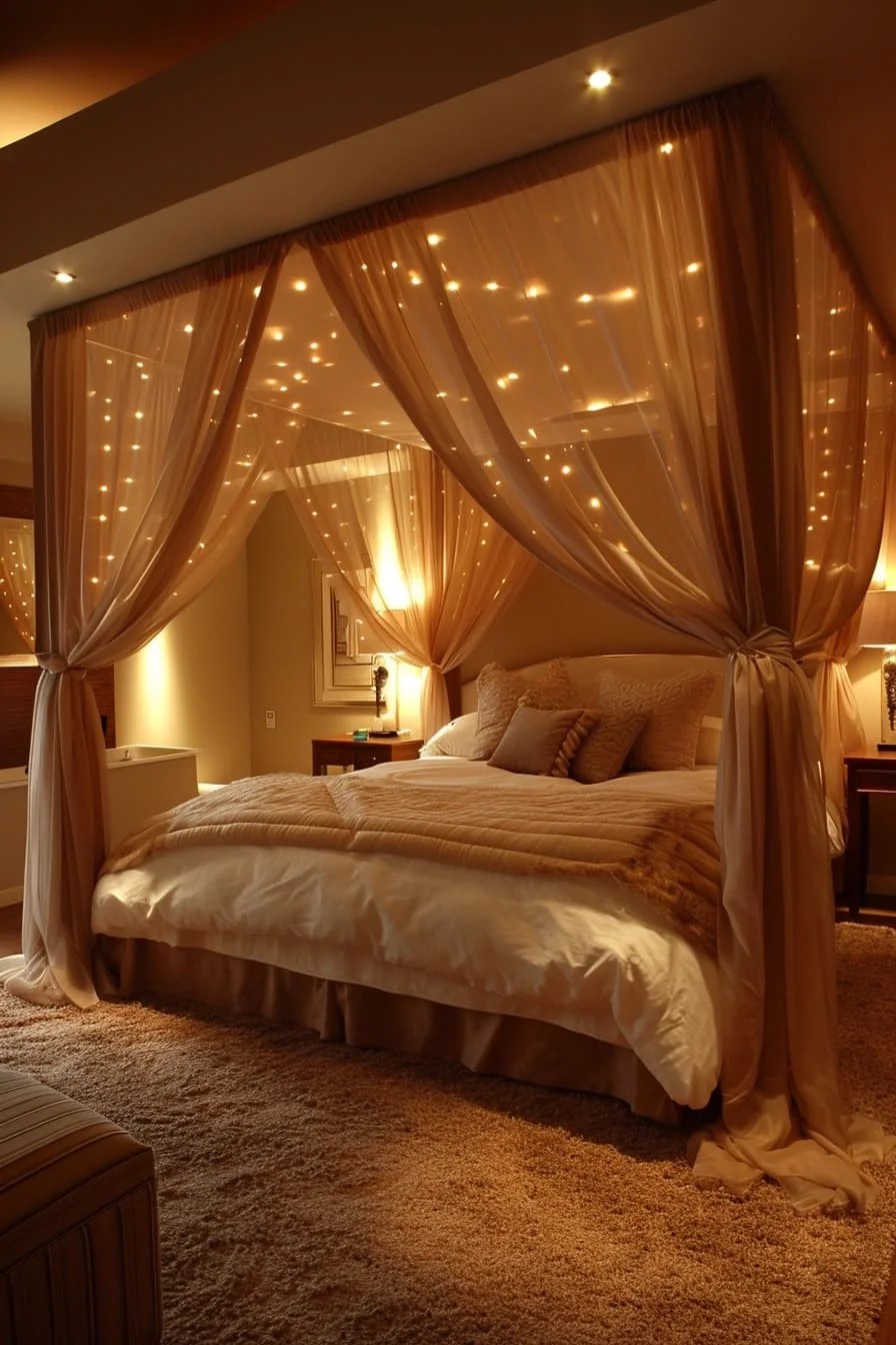 Brown Bedroom with Romantic Canopy Bed and Soft Lighting