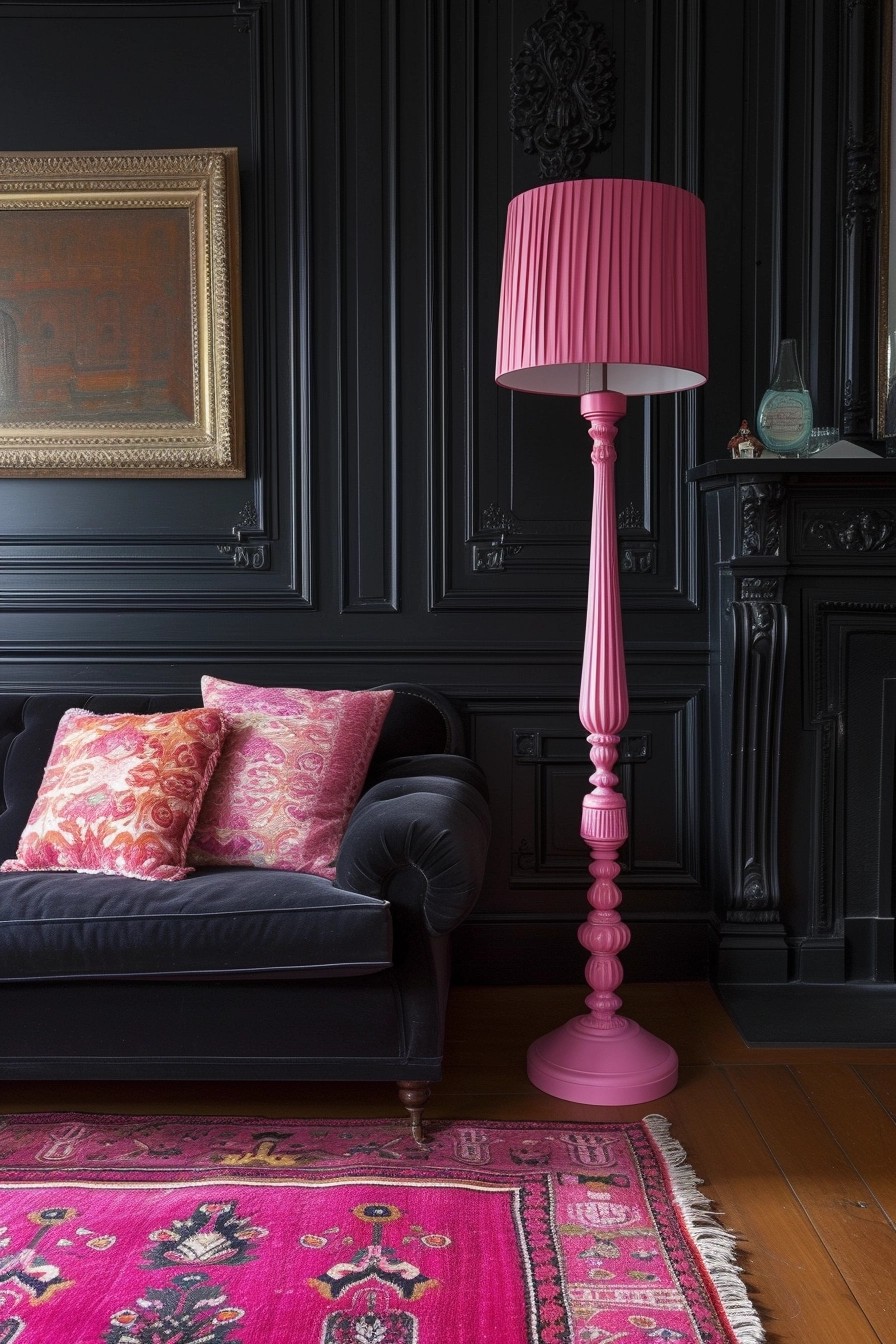 Pink Floor Lamp In A Black-Themed Room