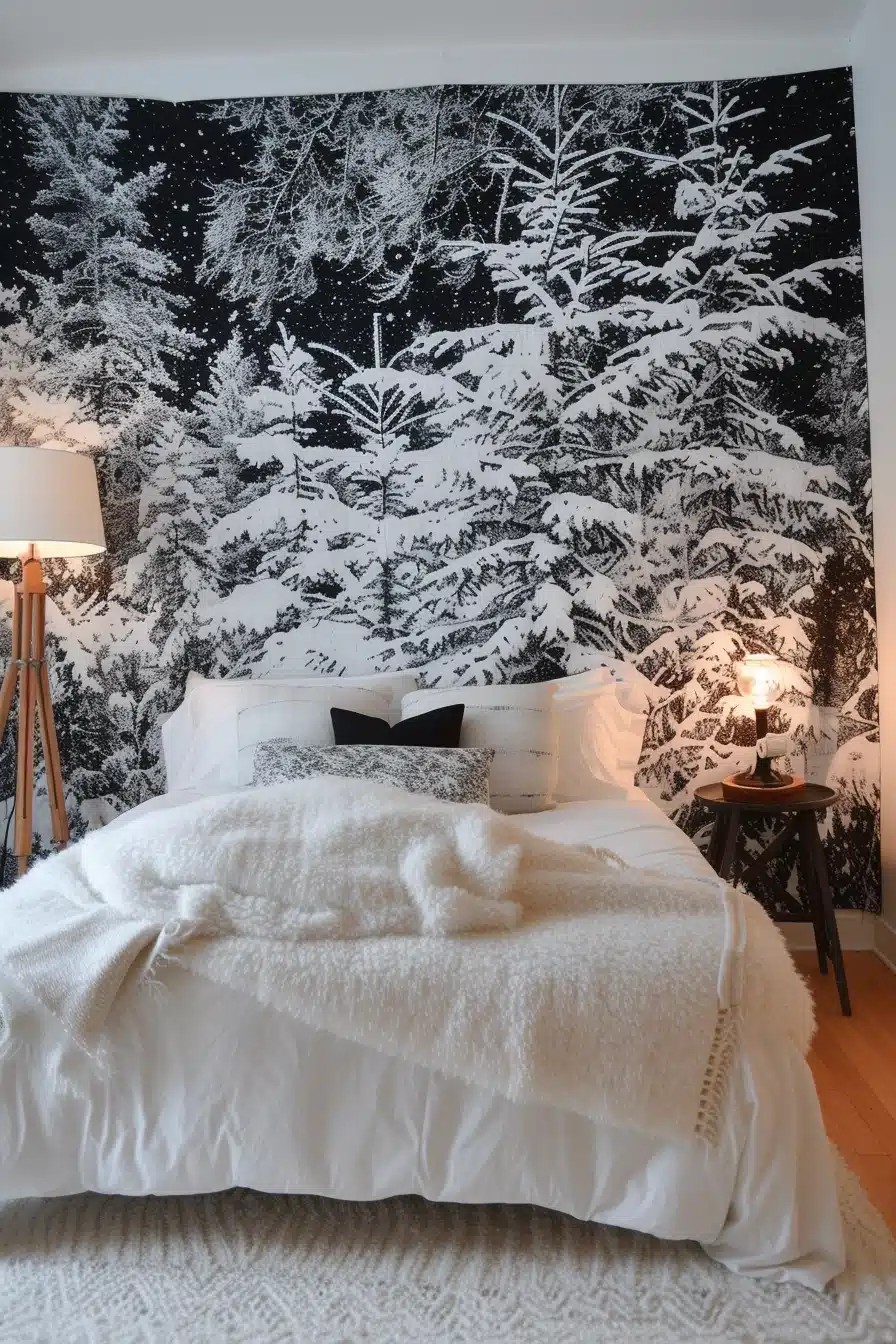 Hang a Large Tapestry or Wall Hanging with Winter-Themed Patterns or Motifs