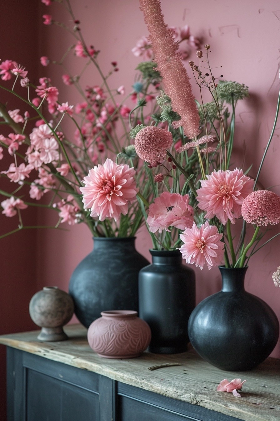 Pink Plants And Florals In Black Vases