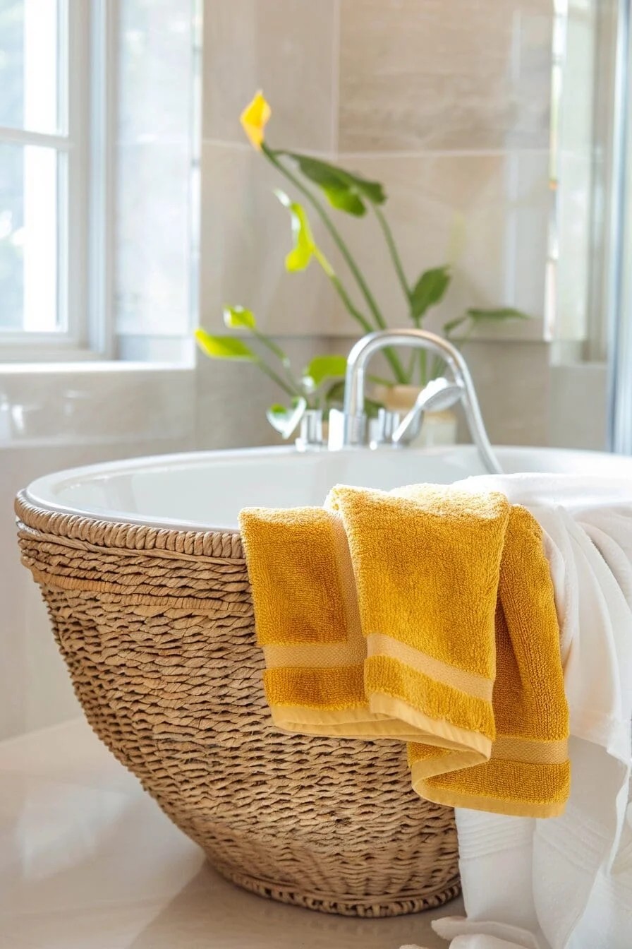 Woven Basket with Yellow Linens