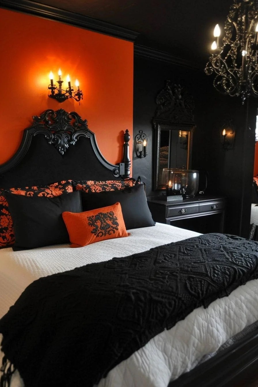 A Halloween Bedroom with Black and Orange Colors