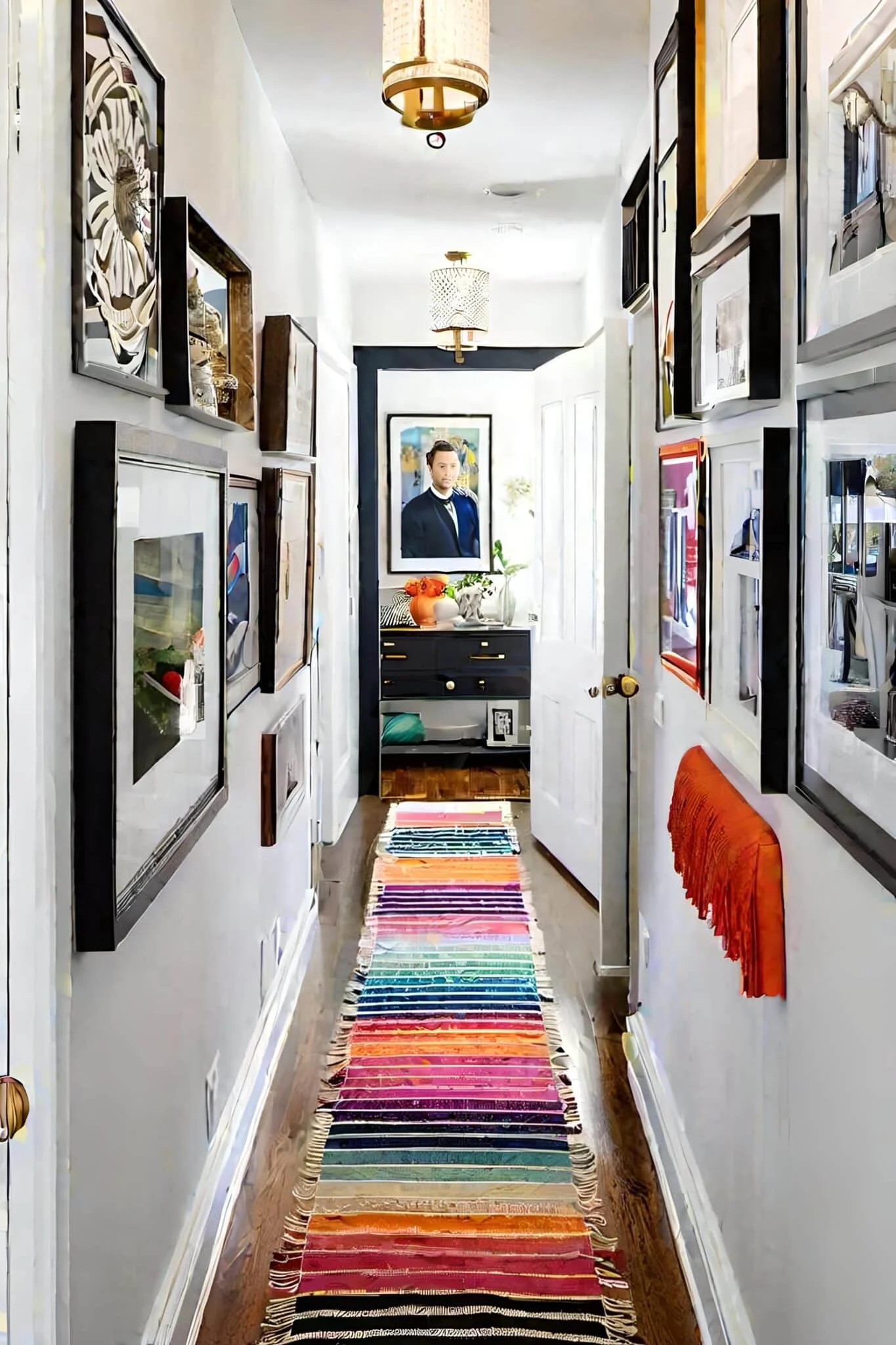 Eclectic Small Hallway With Gallery Wall And Colorful Throw Pillows