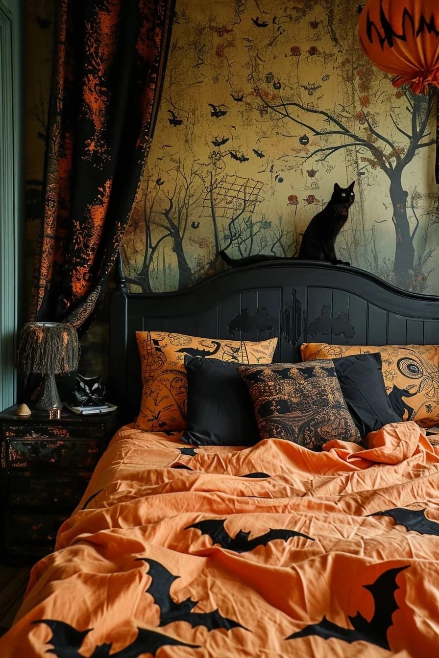 A Halloween Bedroom with Bats and Cats