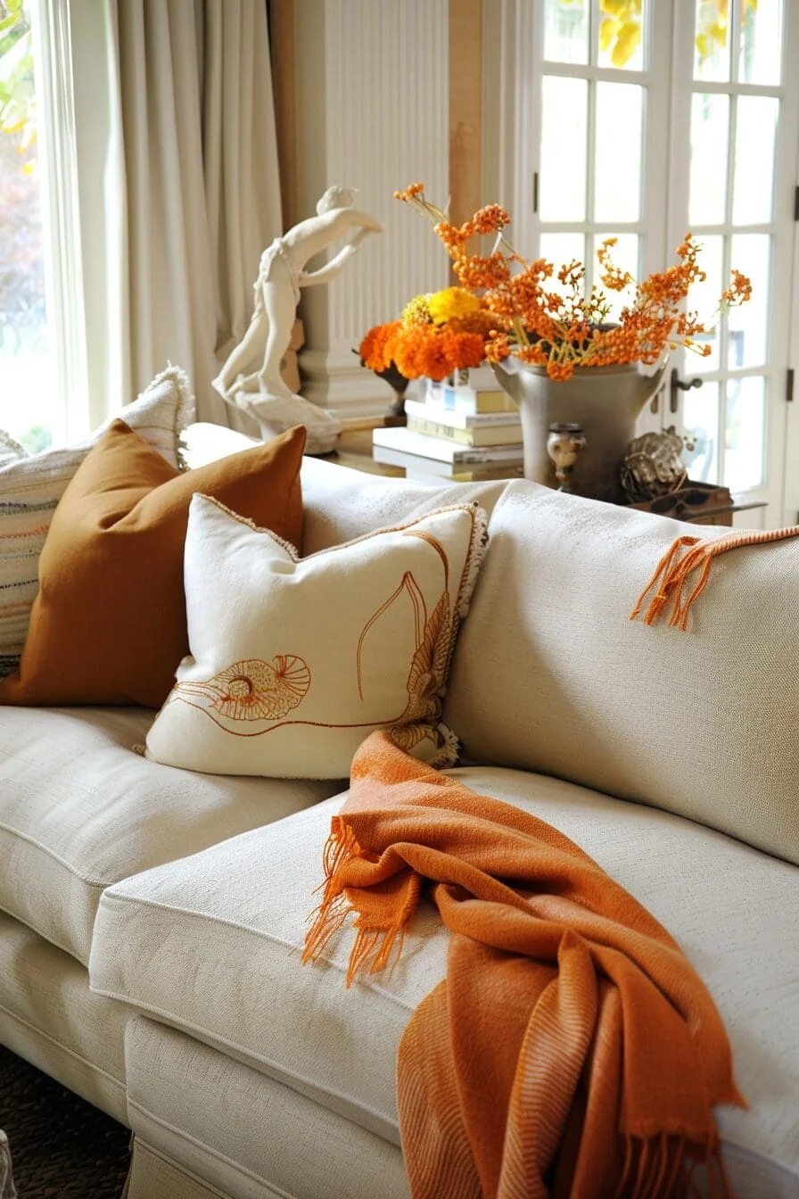 Cream Sofa + Orange Throw