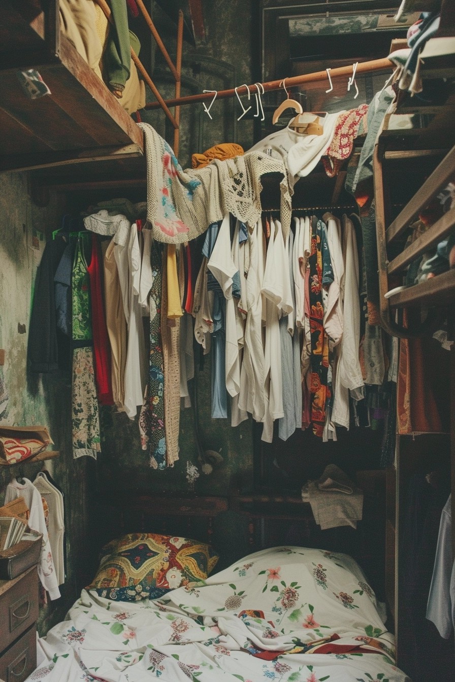 Clothes Hanging from Ceiling Hooks