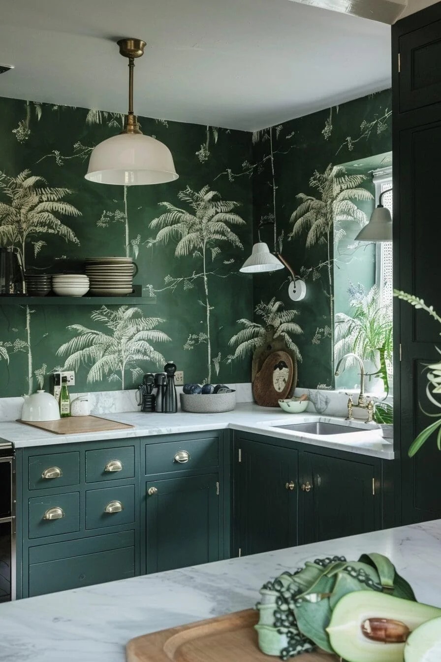 Green Wallpaper with Botanical Prints